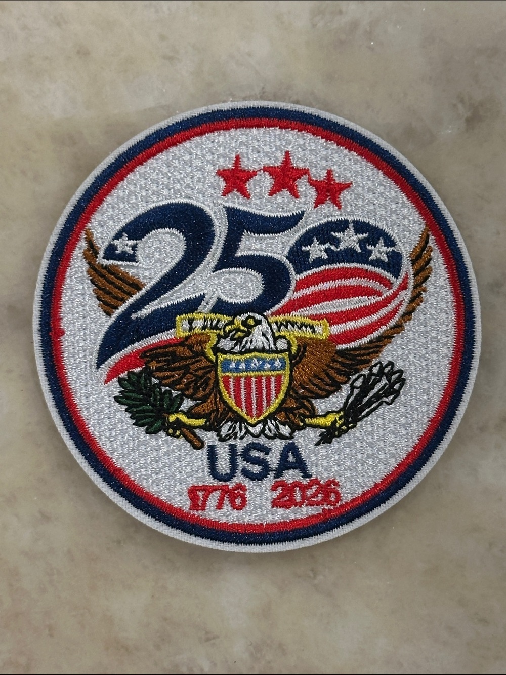 Patriotic USA 250th Anniversary Embroidered Patch - Red, White & Blue